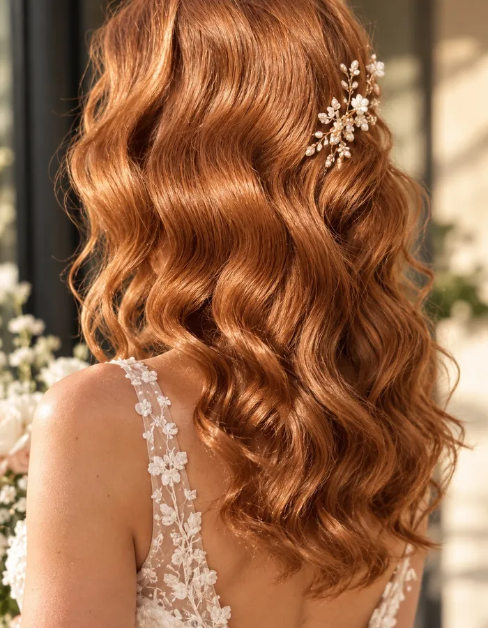 Lange kupferrote Wellen mit floralem Haarschmuck zum Brautkleid