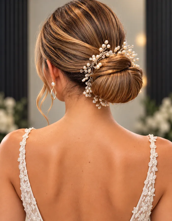 Tief gesteckter Chignon mit Perlen-Haarschmuck