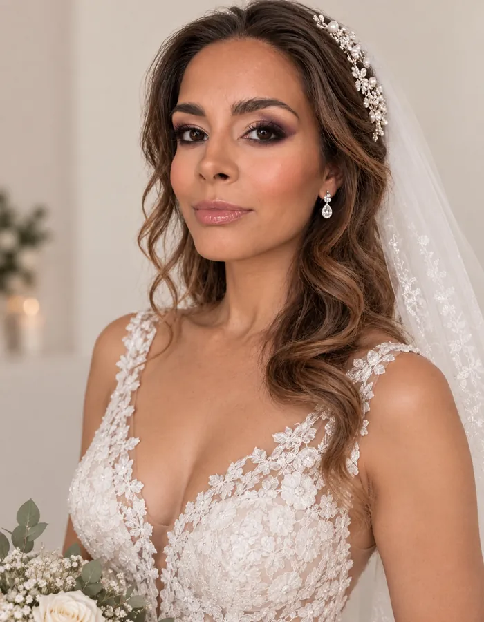 Braut-Make-up mit Schleier und Perlen-Haarschmuck